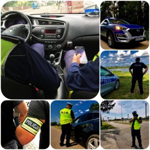 Kolaż 7 zdjęć pokazujących wykonywane przez policjantów czynności służbowe.