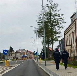 Dwóch policjantów idących chodnikiem. Po lewej stronie jezdnia i znaki drogowe