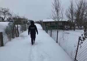 Policjantka idzie alejką przez ogródki działkowe. Wokół leży dużo śniegu.