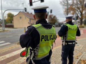 Dwóch policjantów przy przejściu dla pieszych.