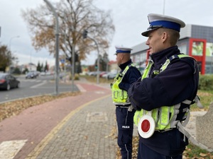 Dwóch policjantów przy przejściu dla pieszych.