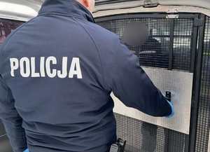 Policjant przy radiowozie zamyka drzwi przedziału dla osób zatrzymanych.