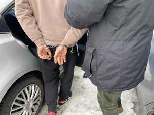 Zatrzymany wsiada do radiowozu.