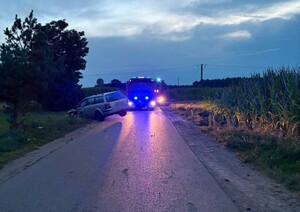 Wozy strażackie i samochód osobowy w przydrożnym rowie